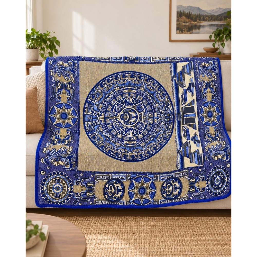 Vintage Aztec Calendar Woven Throw Blanket Royal Blue Gold Whimsigoth Celestial